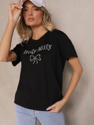 Czarna Bluzka z Bawełny Ozdobiona Kokardą i Napisem Nelanal defox