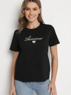 Czarna Bluzka z Bawełny Ozdobiona Napisem Nalavenne