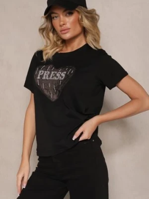 Czarna Bluzka z Bawełny Ozdobiona Sercem z Cyrkonii i Napisem Marillena defox