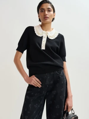 CZARNA BLUZKA Z BIAŁYM KOŁNIEŻYKIEM Z KORALIKAMI ESSENTIEL ANTWERP