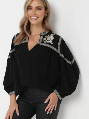 Czarna Bluzka z Bufiastym Rękawem i Kwiatowym Haftem Aluko bisou's project