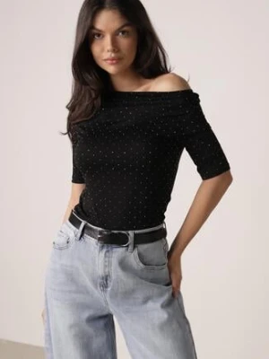 Czarna Bluzka z Cyrkoniami i Dekoltem w Łódkę Saloriel