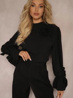 Czarna Bluzka z Dodatkiem Bawełny Ozdobiona Kwiatem 3D Merisara wei wei