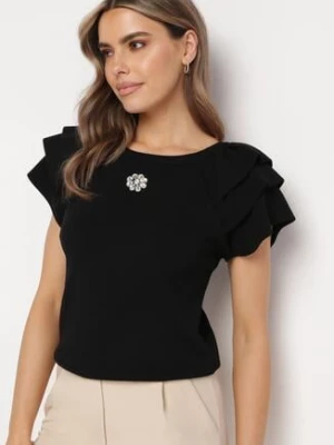 Czarna Bluzka z Falbankowymi Rękawami i Broszką z Cyrkonii Julietts elsa.m by may