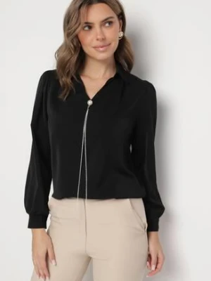 Czarna Bluzka z Kołnierzykiem i Odpinanym Łańcuszkiem z Cyrkoniami Gonwira j&x