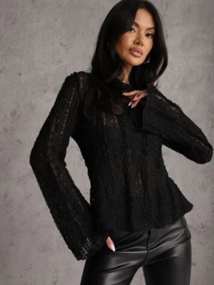 Czarna Bluzka z Koronki Ozdobiona Rozszerzanymi Rękawami Lertiola elsa.m by may