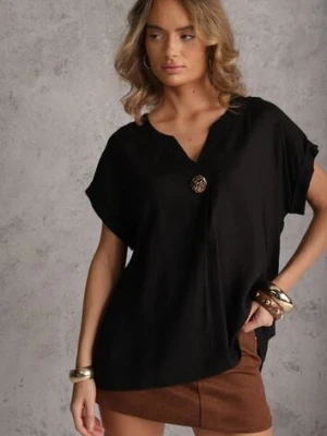 Czarna Bluzka z Lnem i Wiskozą o Nietoperzowym Kroju z Krótkim Rękawem Herira rosita