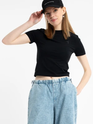 Czarna bluzka z minimalistyczną aplikacją z krótkimi rękawami Reporter