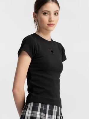 Czarna bluzka z ozdobną aplikacją z przodu Reporter