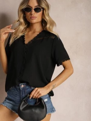 Czarna Bluzka z Ozdobnym Haftem i Dekoltem w Serek Grisevia melya by melody