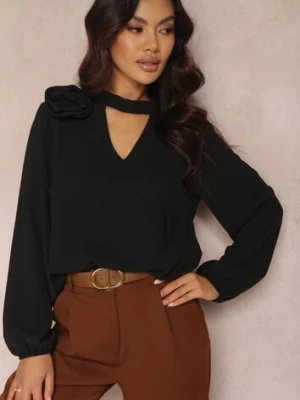 Czarna Bluzka z Ozdobnym Kwiatem Tolna j studio