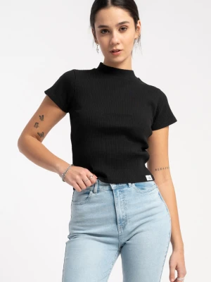 Czarna bluzka z półgolfem z dzianiny prążkowanej Reporter