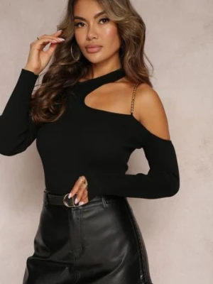 Czarna Bluzka z Prążkowanej Dzianiny z Ozdobnym Łańcuszkiem i Wycięciem Nalasihi elsa.m by may