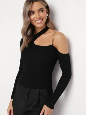 Czarna Bluzka z Prążkowanej Dzianiny z Wycięciem i Łańcuszkiem Alansi elsa.m by may