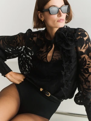 Czarna bluzka z tkaniny devore z różą TARANKO