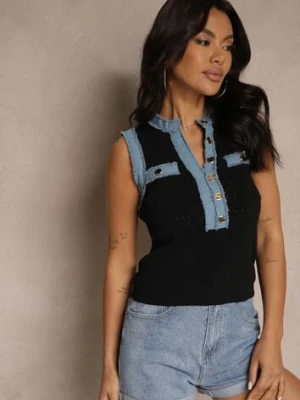 Czarna Bluzka z Wiskozą i Ozdobnymi Guzikami Natisenia rosa