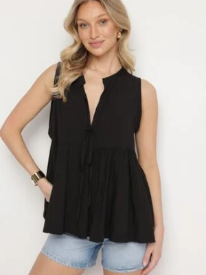 Czarna Bluzka z Wiskozą z Baskinką Wiązaniem i Kołnierzykiem Davissen new collection