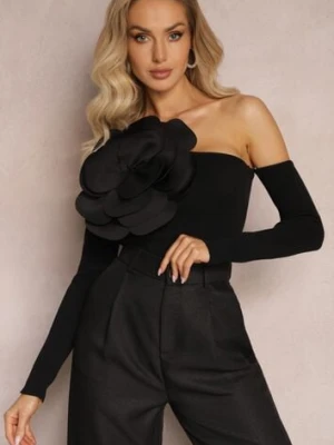 Czarna Bluzka z Wiskozy o Asymetrycznym Kroju z Aplikacją 3D z Kwiatem Cheleta elsa.m by may