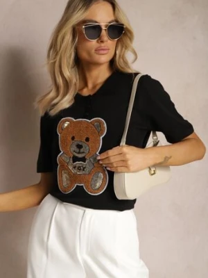 Czarna Bluzka z Wiskozy Ozdobiona Cekinami z Nadrukiem Misia Tivenna elsa.m by may