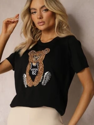 Czarna Bluzka z Wiskozy z Naszywką Misia z Wełny z Cyrkoniami i Perełkami Ophirai