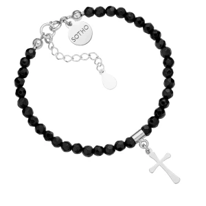 Czarna bransoletka z fasetowanego onyksu ze srebrnym krzyżykiem SOTHO