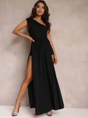 Czarna Brokatowa Sukienka Maxi z Asymetryczną Górą i Rozkloszowanym Dołem Eulita