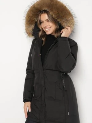 Czarna Casualowa Kurtka Parka z Kapturem z Futerkiem Nallorea swest