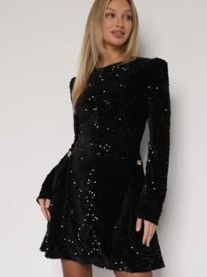 Czarna Cekinowa Sukienka Koktajlowa z Geometrycznymi Ramionami Reffera