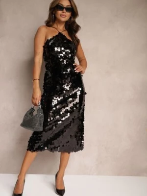 Czarna Cekinowa Sukienka o Asymetrycznym Fasonie z Ozdobnym Wiązaniem na Plecach Leriseli elsa.m by may