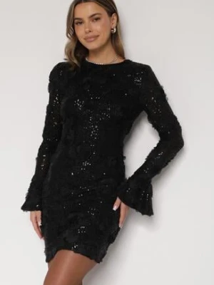Czarna Cekinowa Sukienka z Kwiatami 3D Naweda