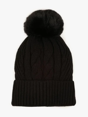 Czarna Czapka Typu Beanie Zdobiona Pomponem i Warkoczowym Splotem Ocieplana Futrem Zenedi