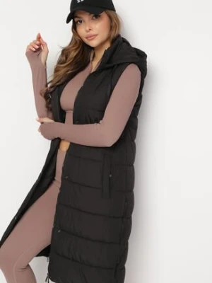 Czarna Długa Kamizelka Bezrękawnik z Klasycznym Pikowaniem i Kapturem Shin j.style