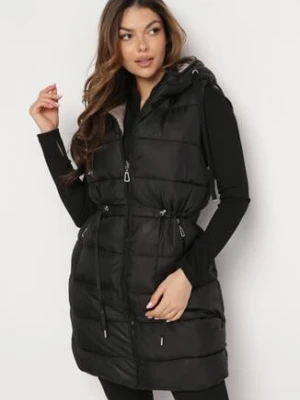 Czarna Długa Kamizelka Dwustronna Zapinana na Suwak z Pikowaniem i Troczkiem w Pasie Heddemia bh forever