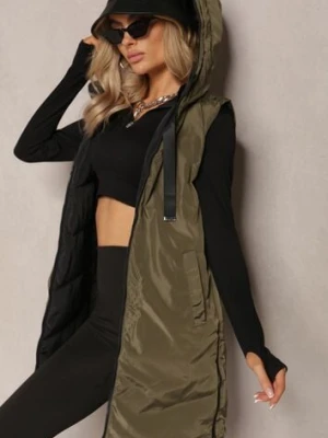 Czarna Długa Kamizelka Pikowana Dwustronna ze Sznurkami przy Kapturze Frenila swest