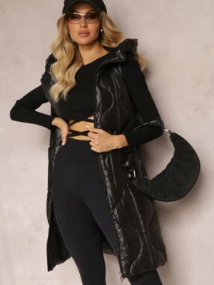 Czarna Długa Kamizelka z Wsuwanymi Kieszeniami i Kapturem Manzella