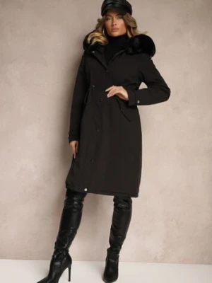 Czarna Długa Kurtka o Fasonie Parki z Futerkiem Edelais metro five