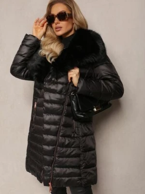 Czarna Długa Kurtka Ozdobiona Futerkiem na Kołnierzu i Pikowaniem Novenna ann gissy