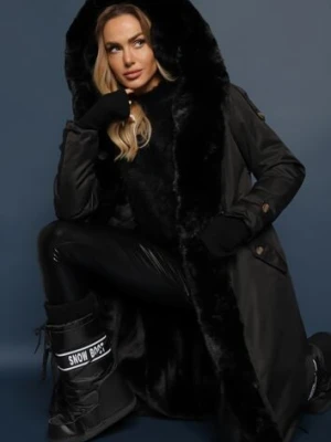 Czarna Długa Kurtka Parka Nylonowa Płaszcz z Futrzanymi Wstawkami Rinale swest