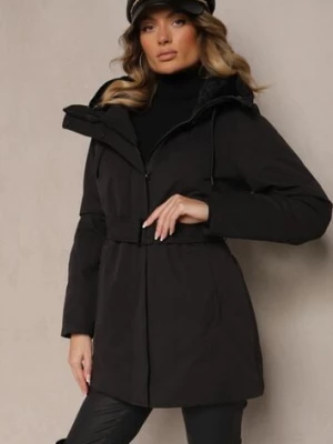 Czarna Długa Kurtka Pikowana z Bawełną i Kapturem Ozdobiona Paskiem z Klamrą Seniraen j.style