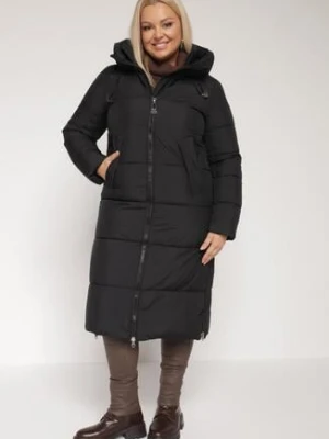 Czarna Długa Kurtka Pikowana z Kapturem i Bocznymi Suwakami Mevoressa rosse line
