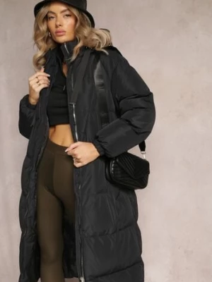 Czarna Długa Kurtka Pikowana z Kapturem Serea j.style