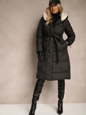 Czarna Długa Kurtka Pikowana z Kapturem Wiązana w Pasie Neanethra rosse line