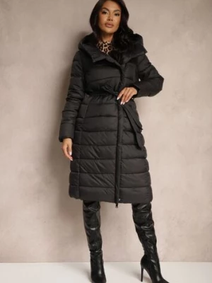 Czarna Długa Kurtka Pikowana z Paskiem Mocno Ocieplana Calsemi metrofive