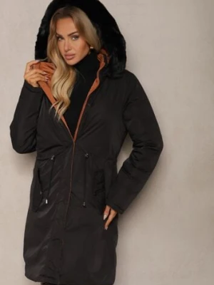 Czarna Długa Kurtka Płaszcz o Dwustronnym Fasonie z Kapturem Astrae j.style