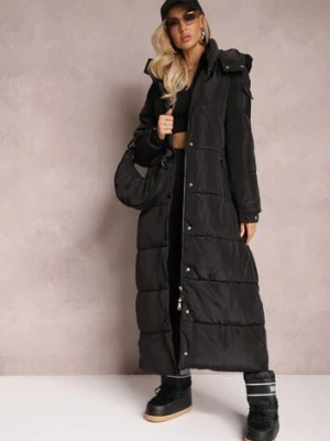 Czarna Długa Kurtka Płaszcz z Pikowaniem i Odpinanym Kapturem Mystaris ann gissy
