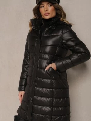 Czarna Długa Kurtka z Kapturem i Dwustronnym Suwakiem Zdobiona Pikowaniem Sanvela
