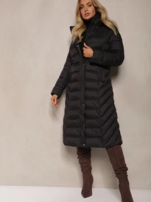 Czarna Długa Kurtka z Pikowanymi Przeszyciami i Kapturem z Możliwością Odpięcia Realithra ann gissy