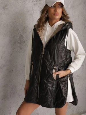 Czarna Długa Pikowana Kamizelka z Kapturem i Ozdobną Naszywką Mentape swest