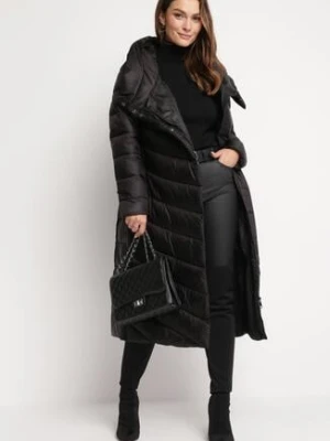 Czarna Długa Pikowana Kurtka Płaszcz z Kapturem i Ozdobnymi Suwakami Vlemika ann gissy