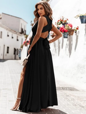 Czarna długa satynowa sukienka - różne wiązania Cissa - czarny Pakuten